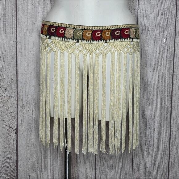 VTG 90s Y2K Boho Macrame Knot Fringed Reversible Embroidered & Denim Belt